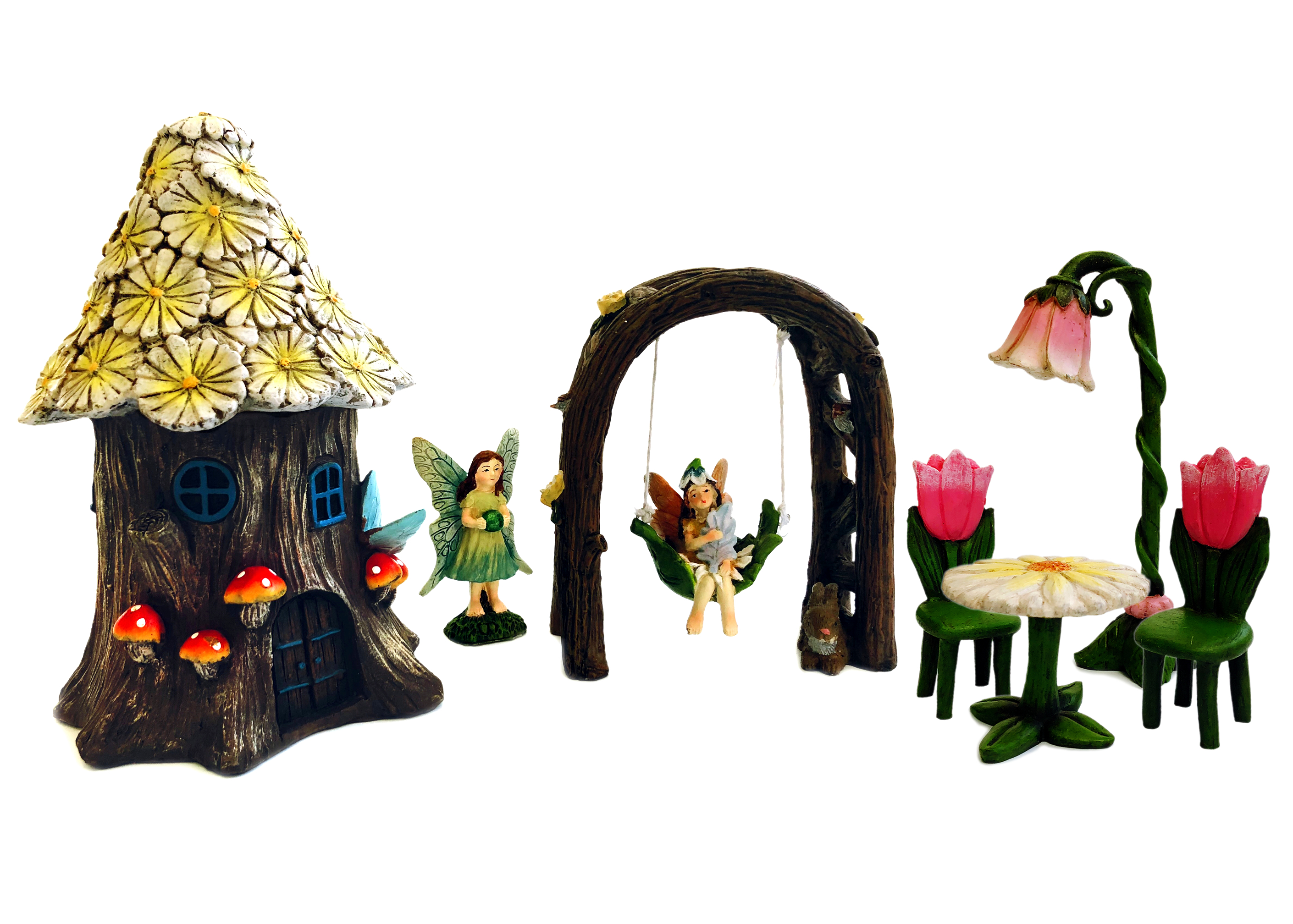 Bench Fairy with Orange Yellow Wings Blue Shirt Table Superior Home Arts Fairy Garden Accessories Metal Bridge and Fairy Bundle of 4 Miniature Items Fairy Garden Starter Kit